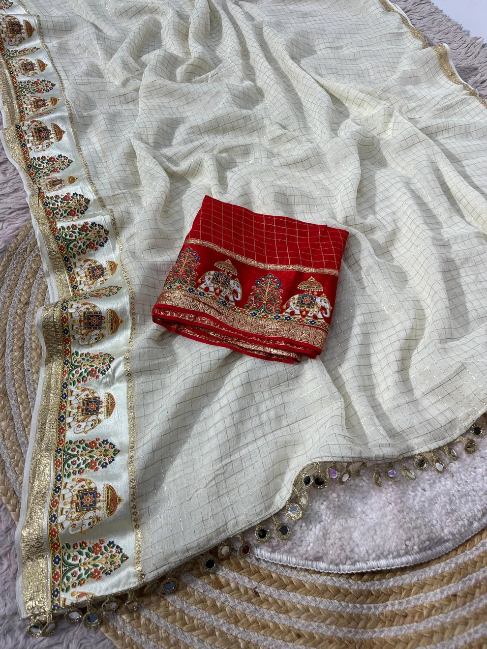 Designer Viscose Saree with Multicolour Thread & Mirror Work - WHITE