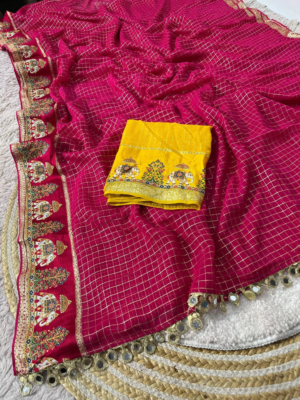 Designer Viscose Saree with Multicolour Thread & Mirror Work - PINK