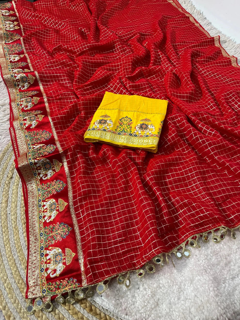 Designer Viscose Saree with Multicolour Thread & Mirror Work - RED