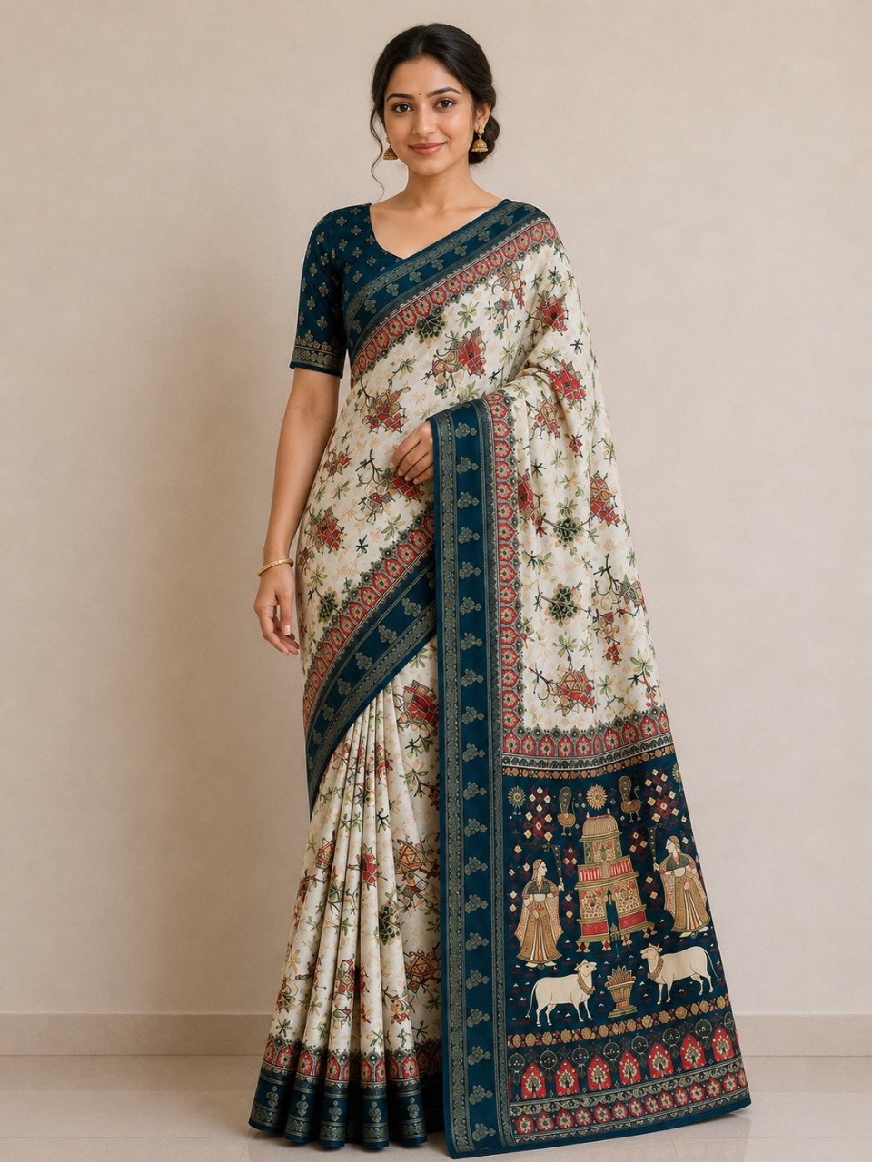 Temple-Tree Heritage Kalamkari Silk Saree with  Zari Border - RAMA