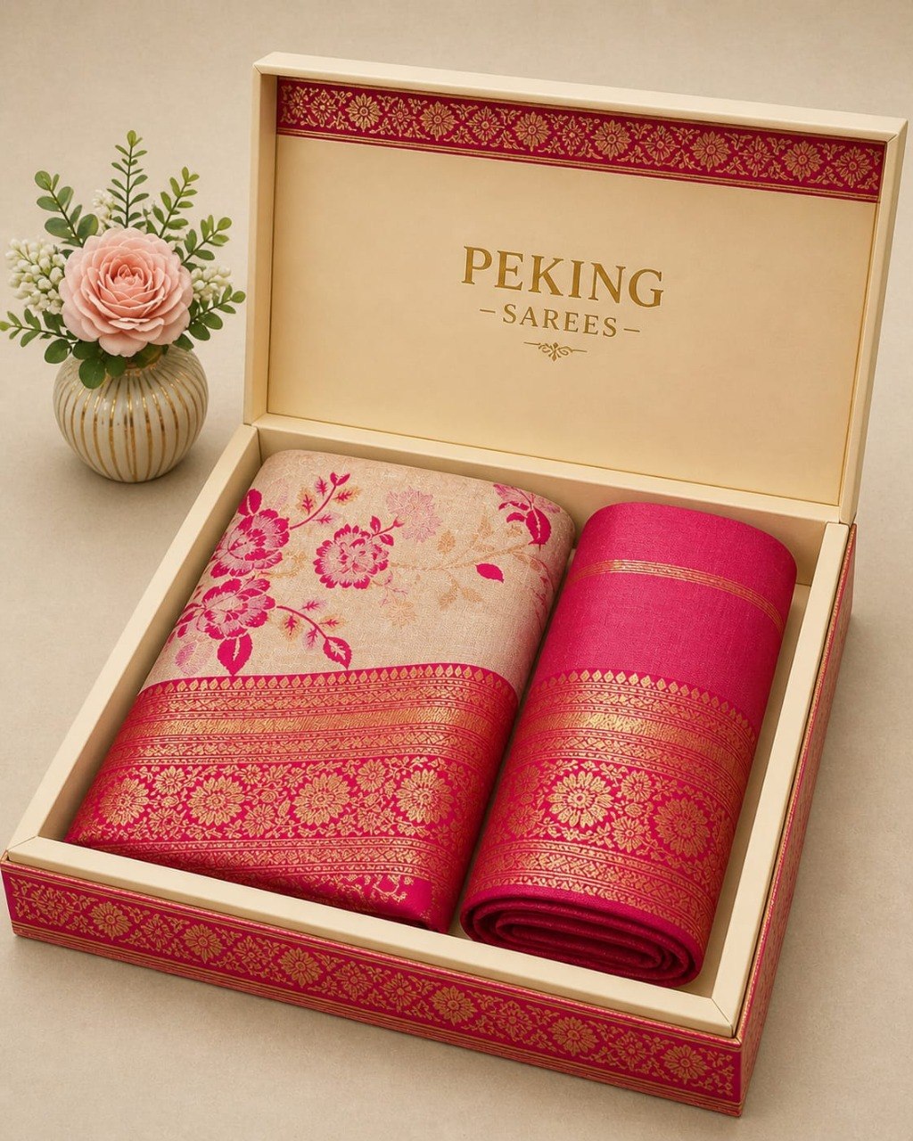 Elegant Floral Banarasi Silk Saree with Rich Zari Border & Pallu - PINK