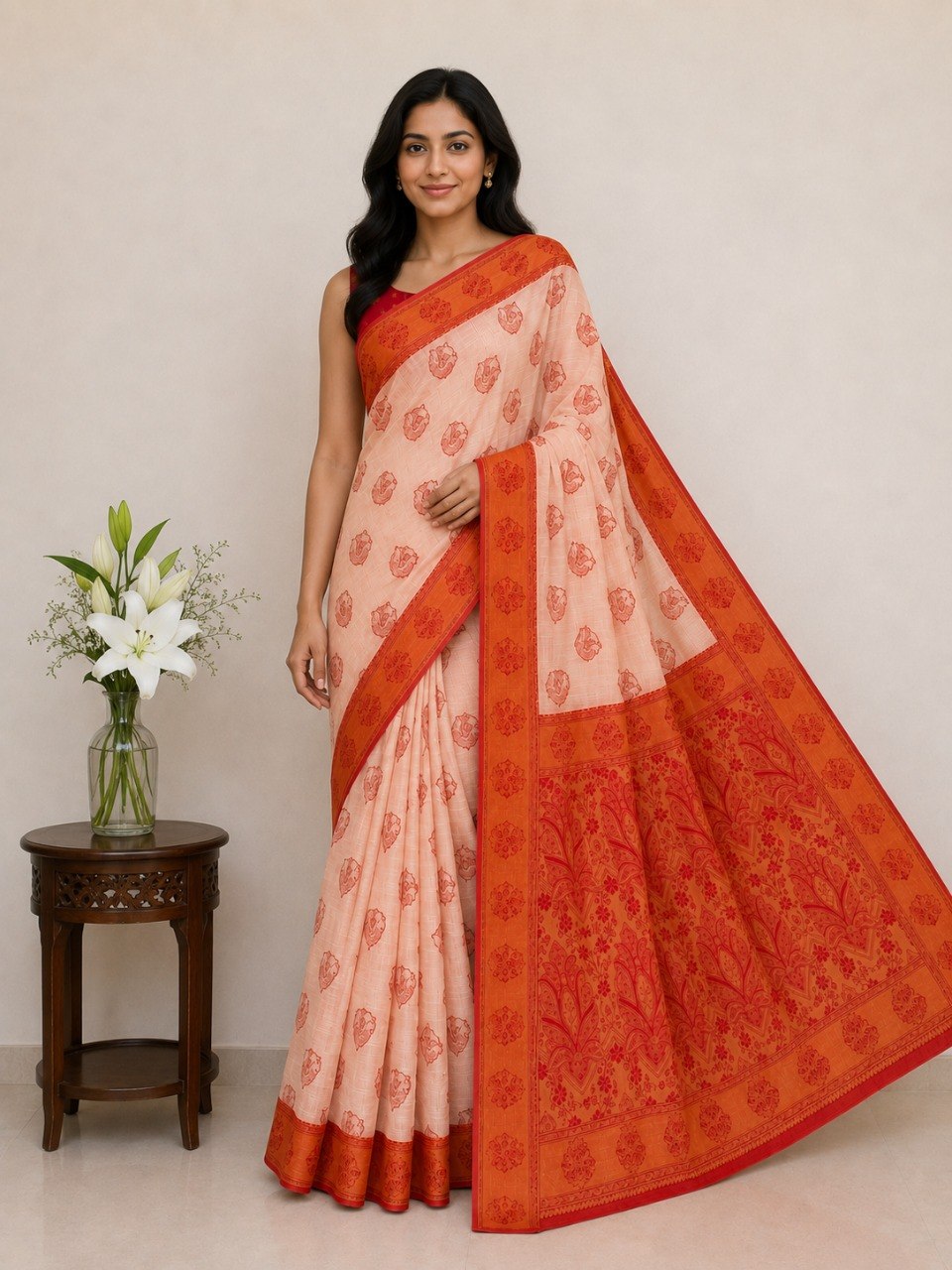 Classic Ivory Saree with Woven Zari Pallu - ORANGE