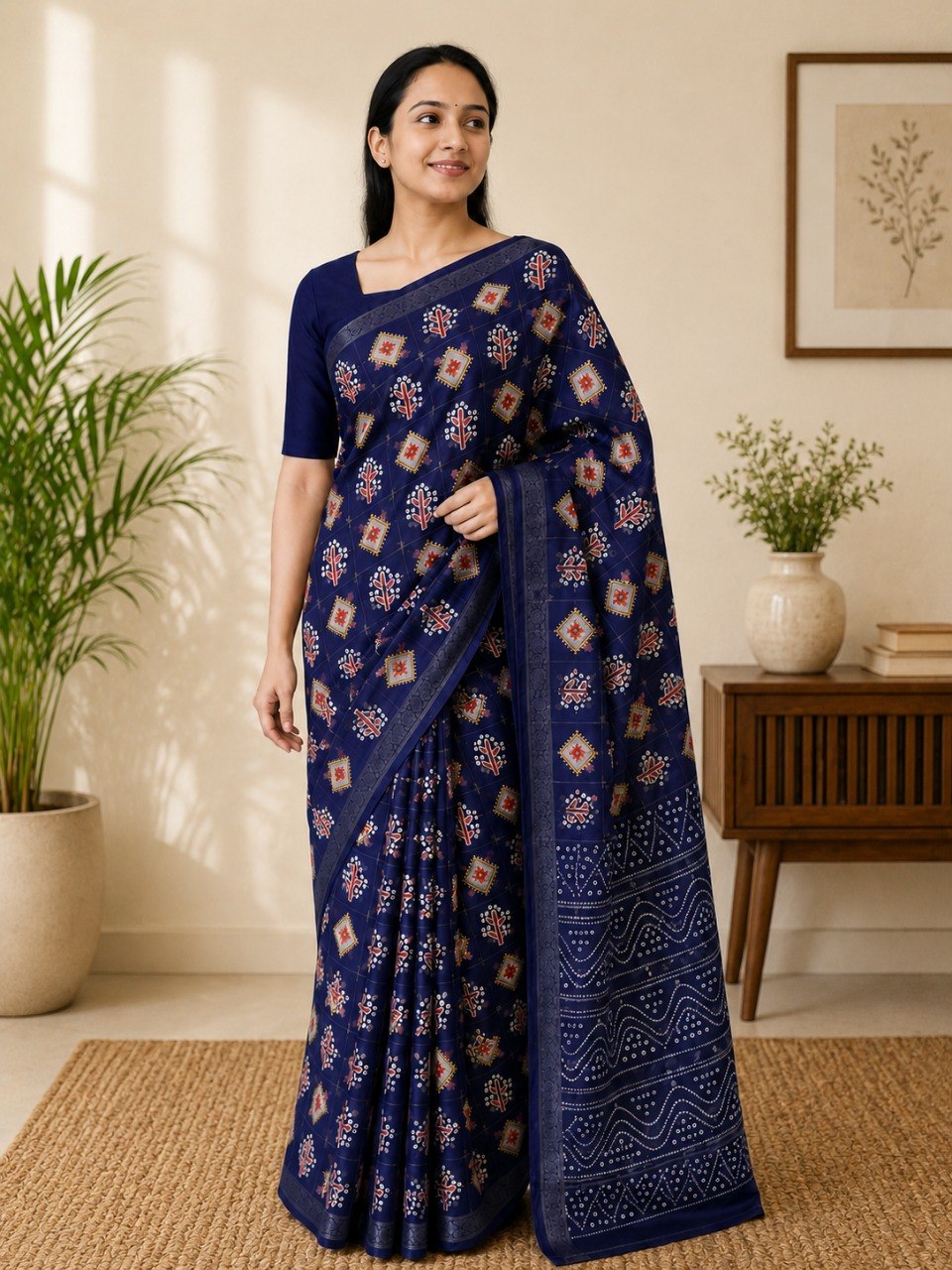 Emerald Heritage Soft Cotton Printed Saree with Elegant Zari Border - NAVY BLUE