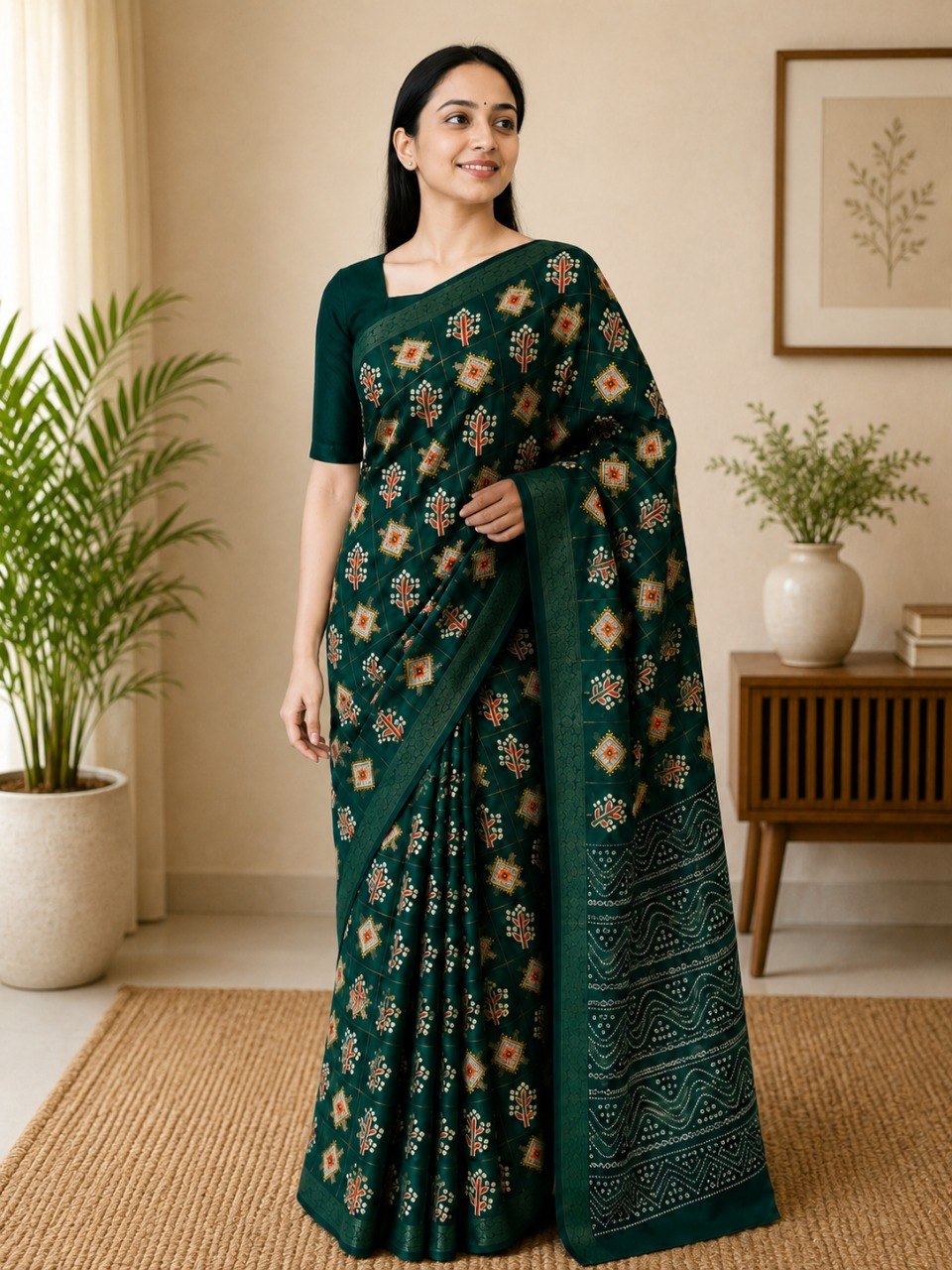 Emerald Heritage Soft Cotton Printed Saree with Elegant Zari Border - GREEN