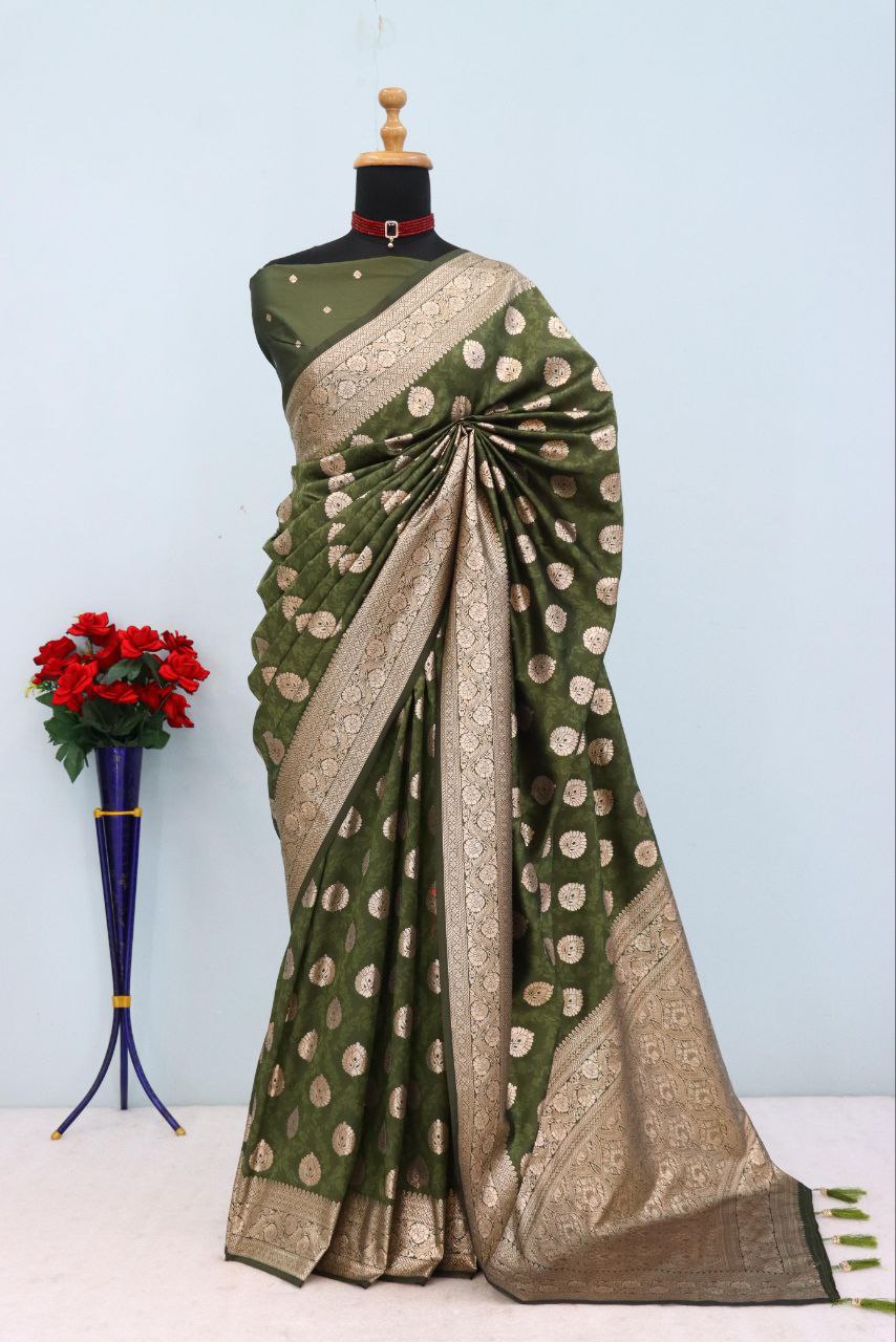 Emerald Olive Brocade Banarasi Saree - MEHENDI