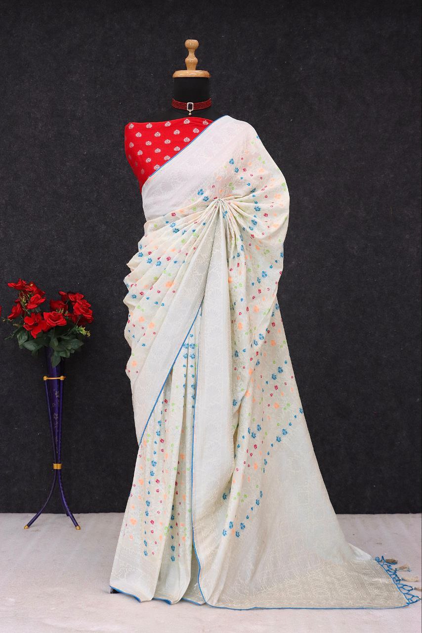 Traditional Paithani Soft Silk Saree with Elegant Pashmina Butti Weaving - WHITE