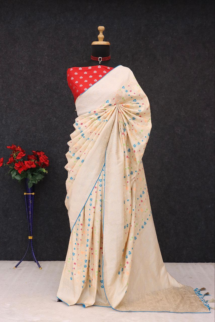 Traditional Paithani Soft Silk Saree with Elegant Pashmina Butti Weaving - OFF WHITE