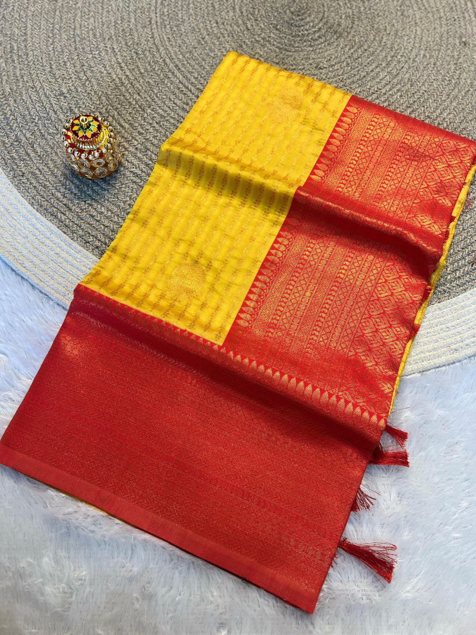 Radiant Yellow & Red Kanchipuram Pattu Silk Saree with Rich Zari Border