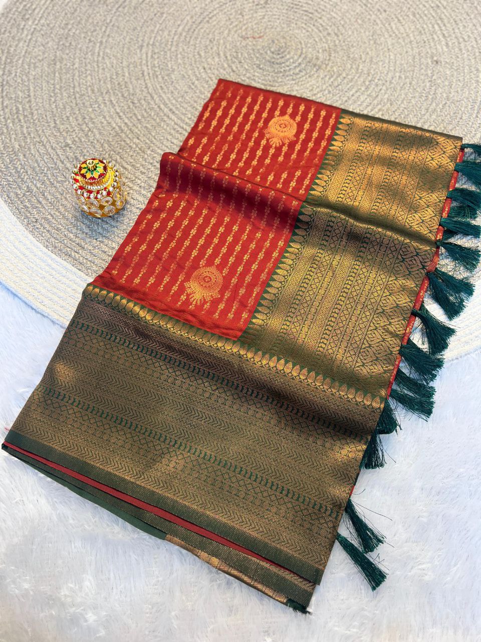 Radiant Red & Green Kanchipuram Pattu Silk Saree with Rich Zari Border