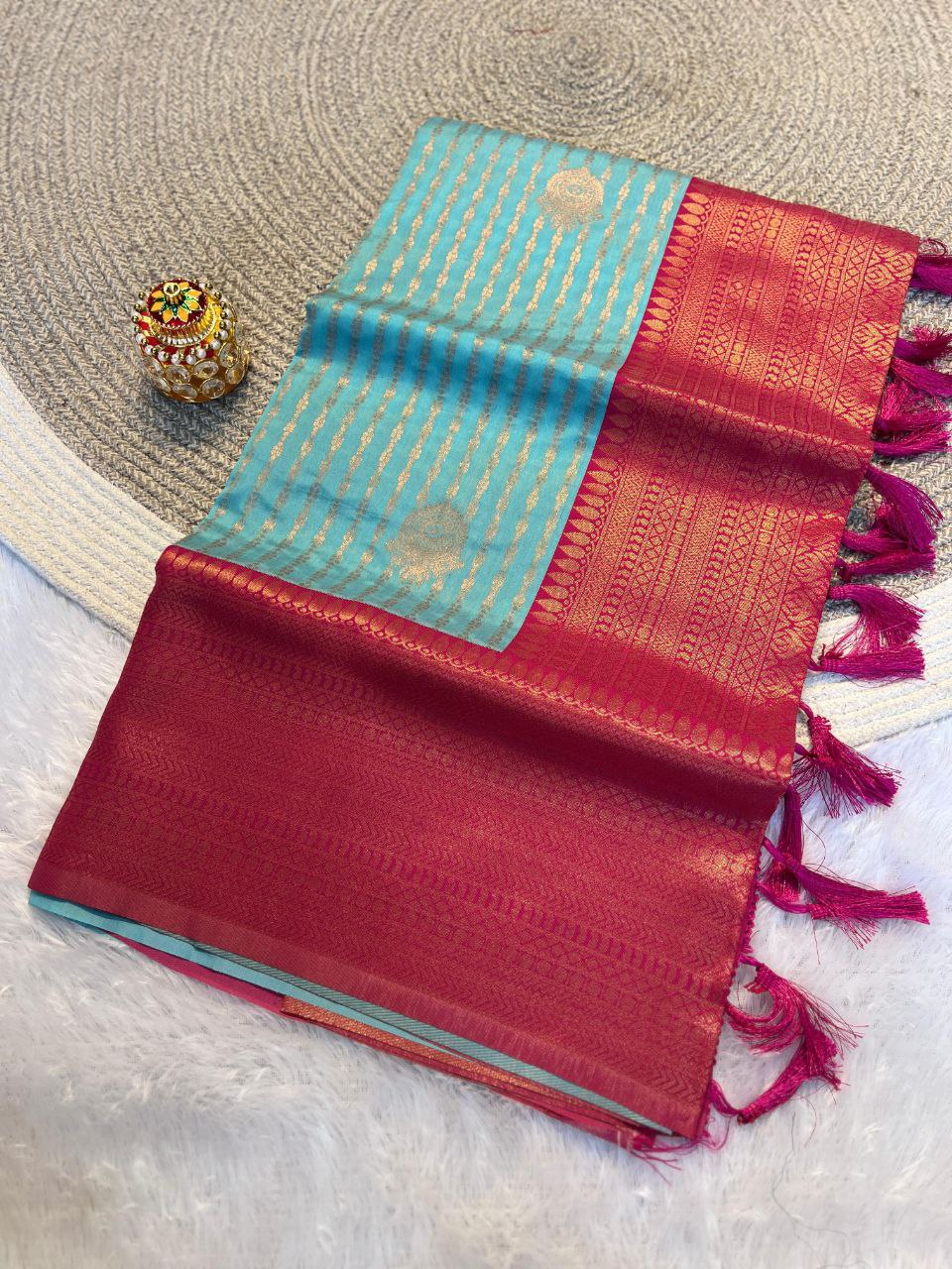 Radiant Sky Blue & Rani Pink Kanchipuram Pattu Silk Saree with Rich Zari Border