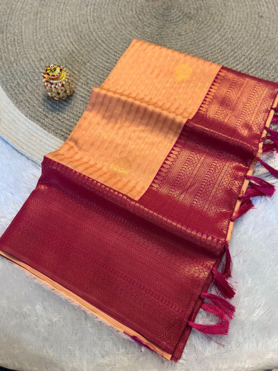 Radiant Peach & Rani Pink Kanchipuram Pattu Silk Saree with Rich Zari Border