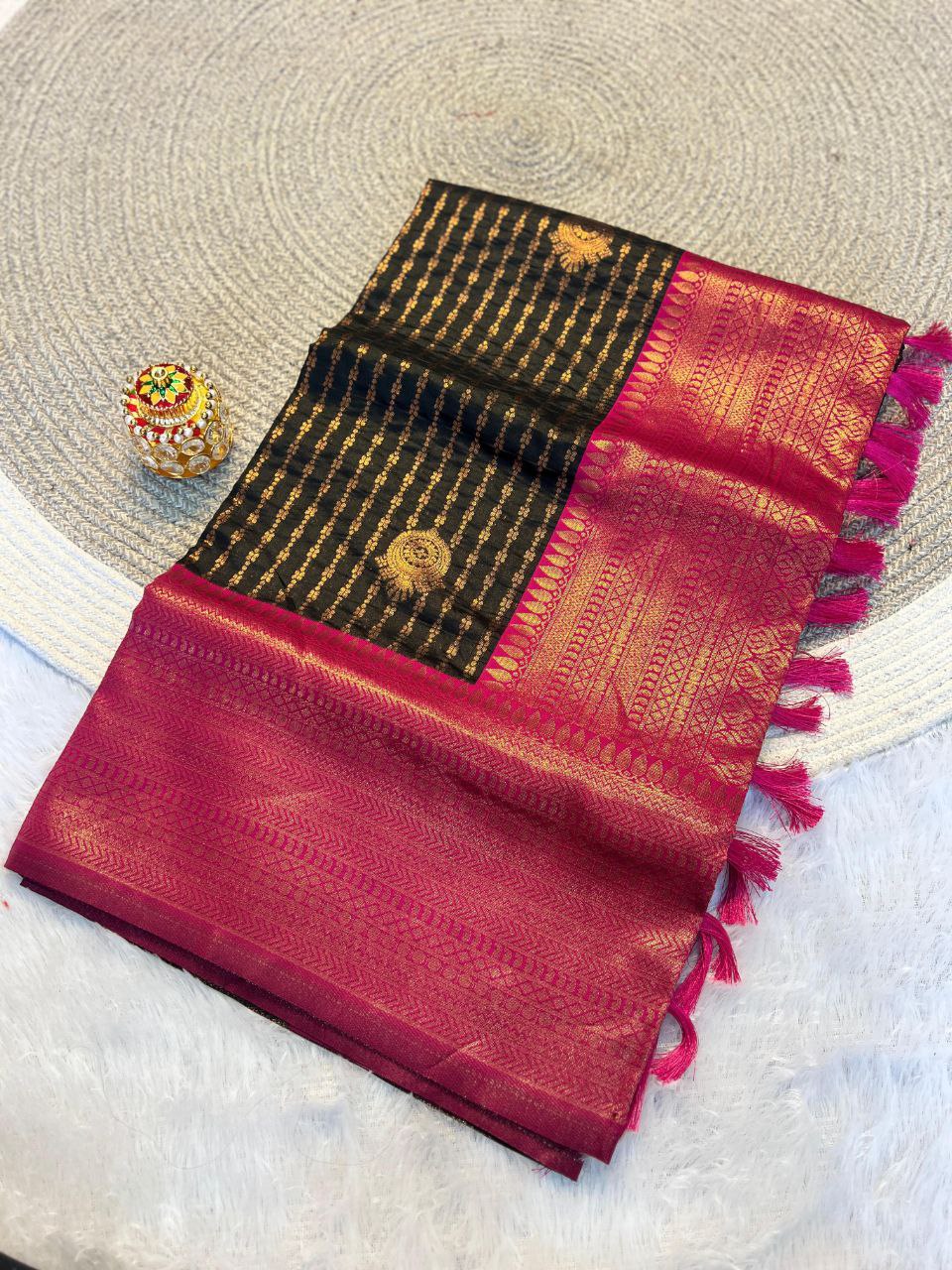 Radiant Black & Rani Pink Kanchipuram Pattu Silk Saree with Rich Zari Border