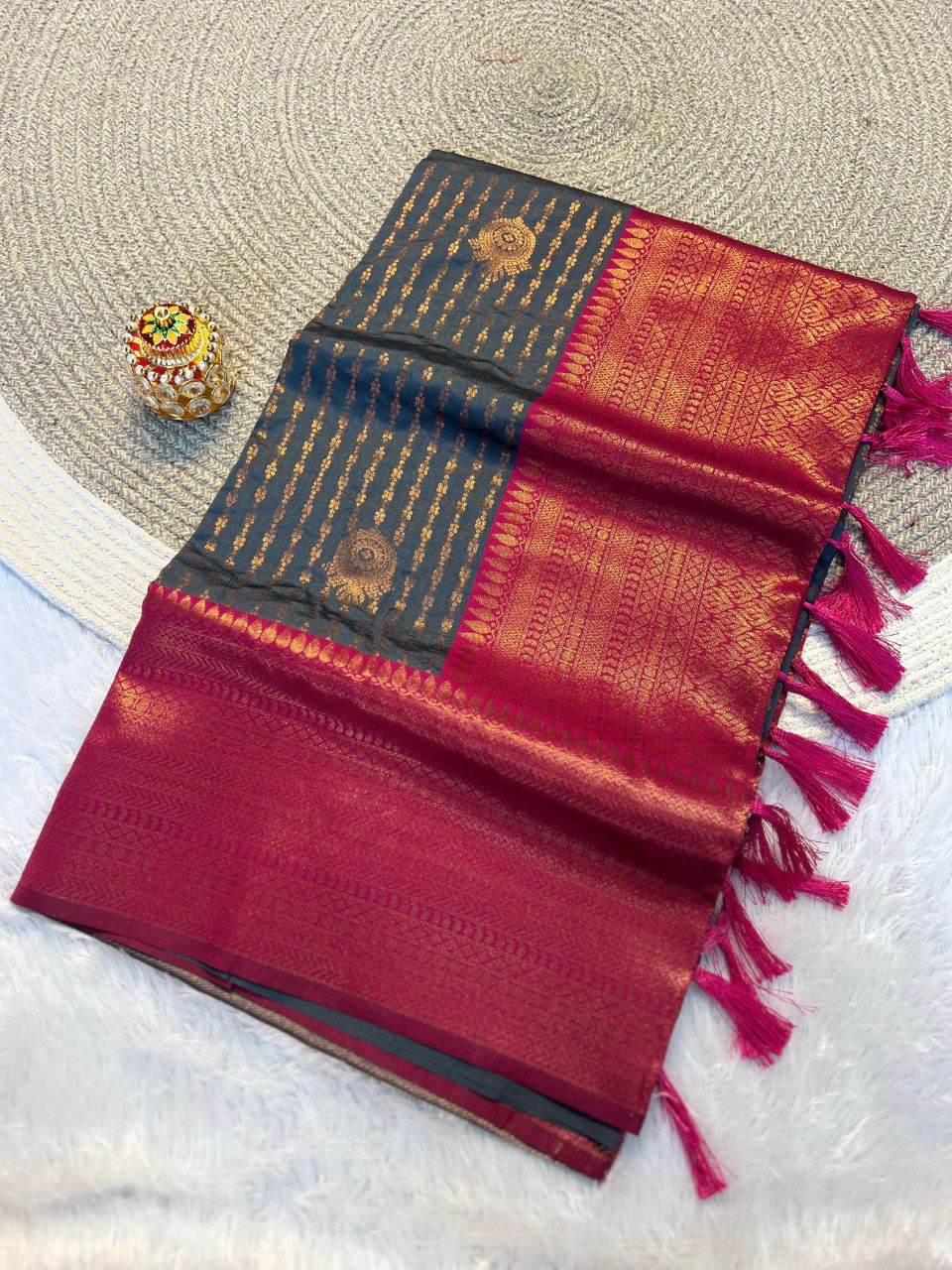 Radiant Grey & Rani Pink Kanchipuram Pattu Silk Saree with Rich Zari Border