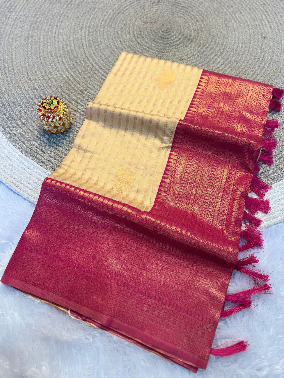 Radiant Off White & Rani Pink Kanchipuram Pattu Silk Saree with Rich Zari Border