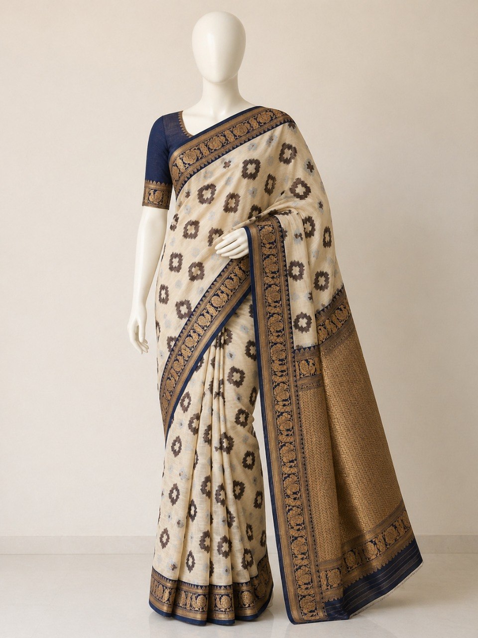 Premium Linen Cotton Saree with Floral Ethnic Weaving - NAVY BLUE