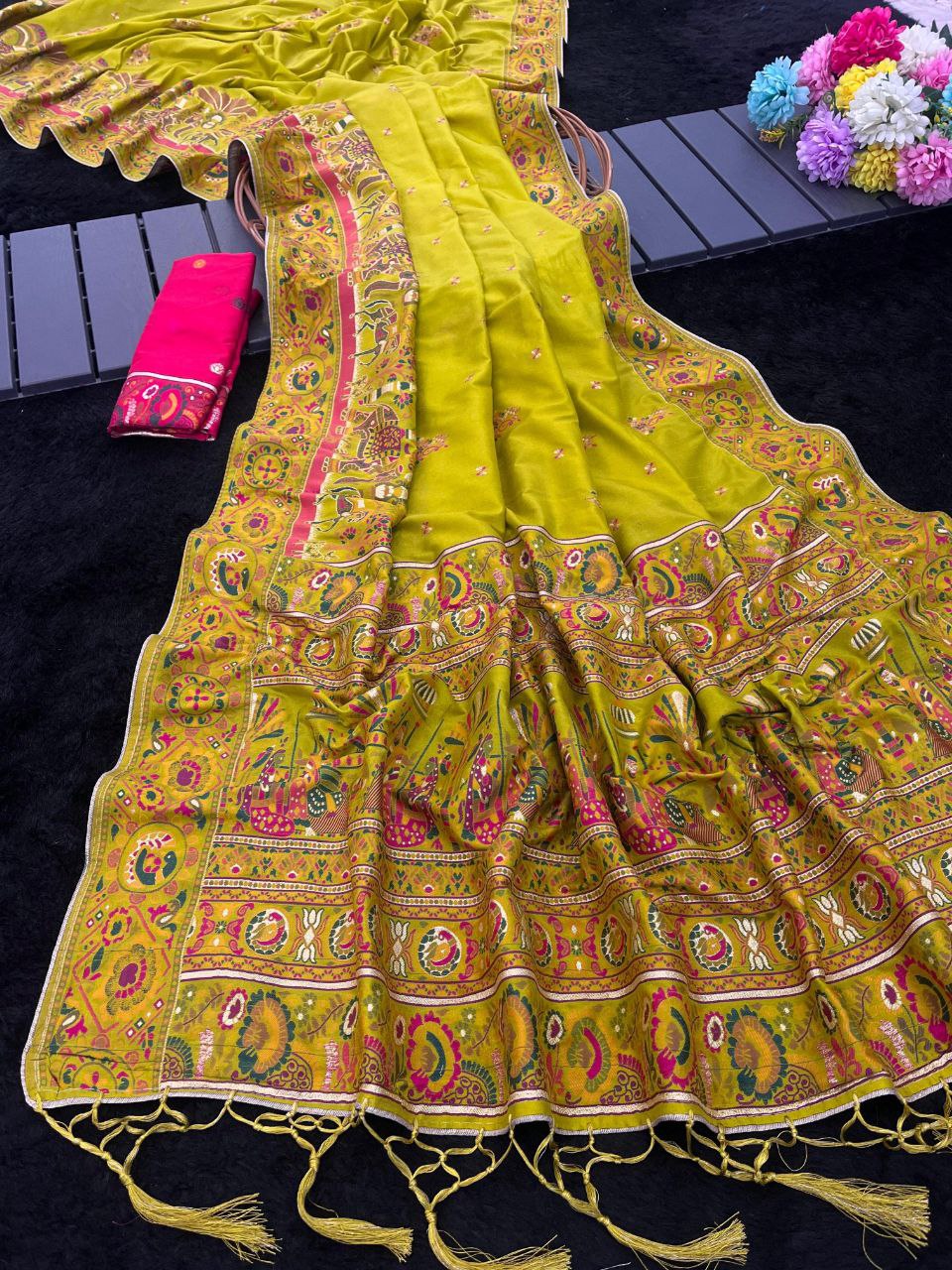 Royal Soft Silk Saree with Intricate Pashmina Work & Contrast Butti Blouse - YELLOW