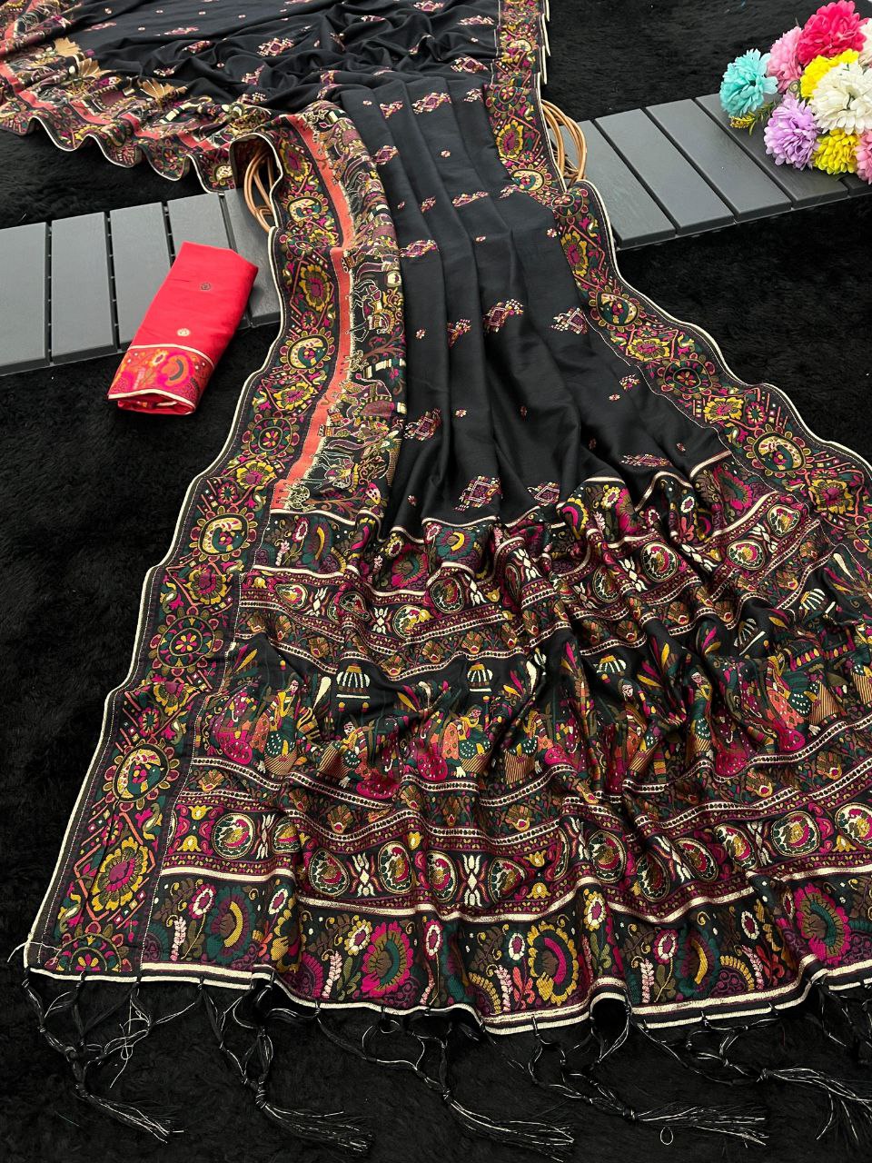 Royal Soft Silk Saree with Intricate Pashmina Work & Contrast Butti Blouse - BLACK