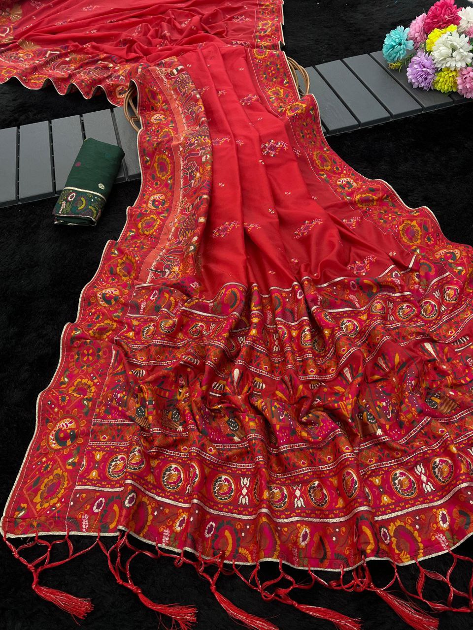 Royal Soft Silk Saree with Intricate Pashmina Work & Contrast Butti Blouse - RED