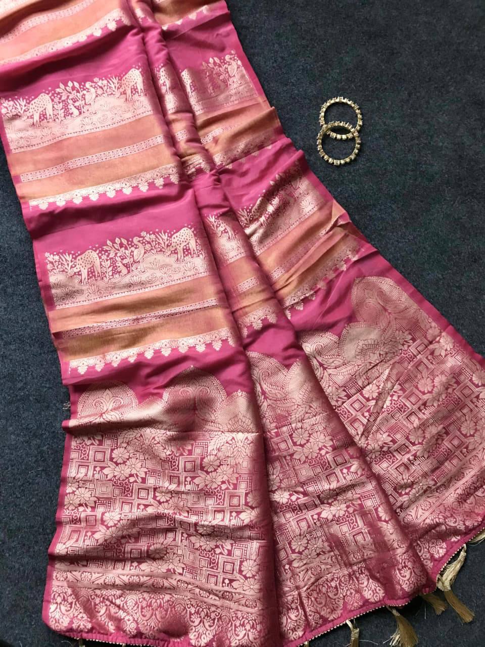 Royal Banarasi Silk Saree with Rich Zari Weaving & Traditional Designer Pallu - ONION PINK