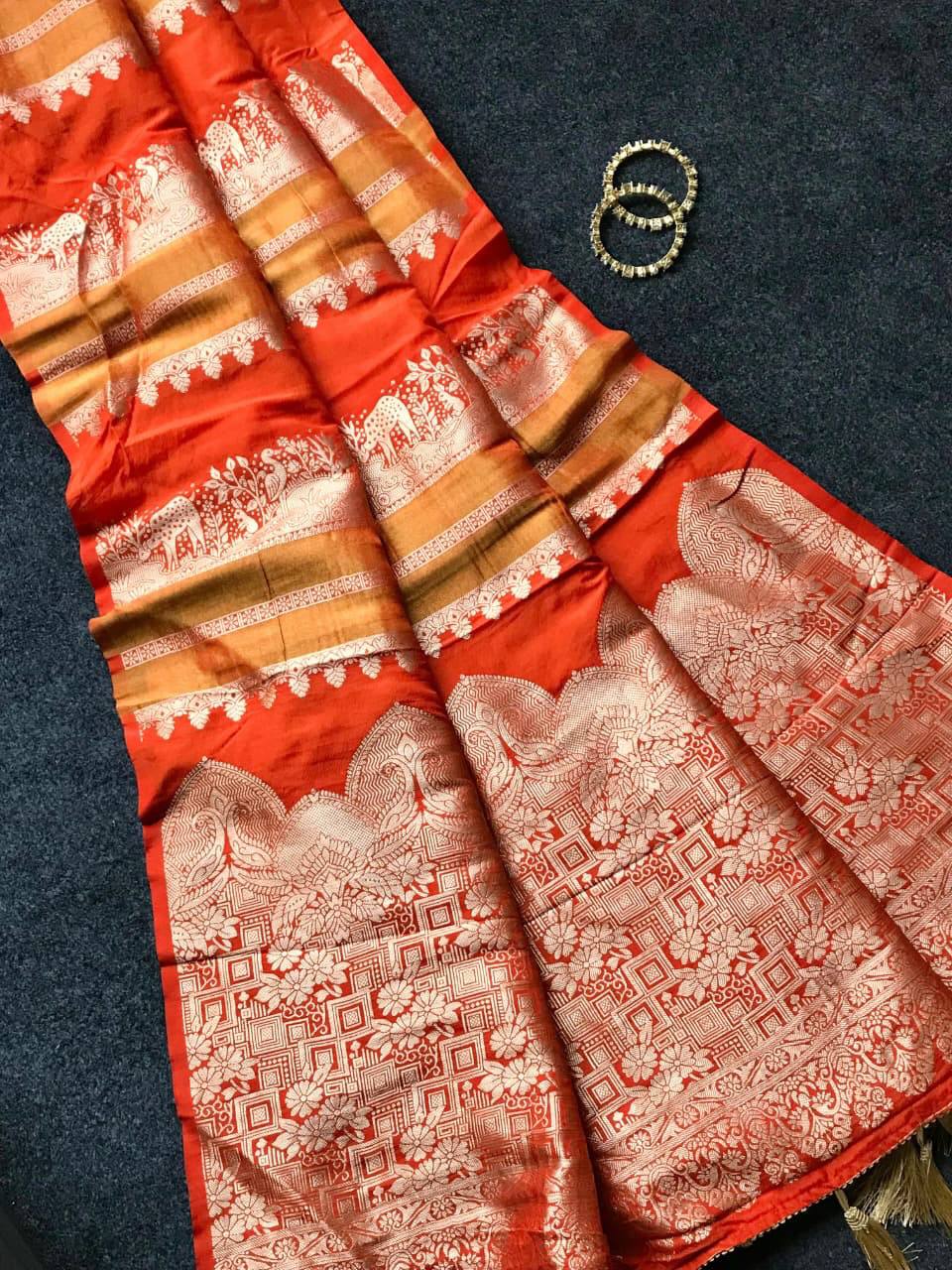 Royal Banarasi Silk Saree with Rich Zari Weaving & Traditional Designer Pallu - ORANGE