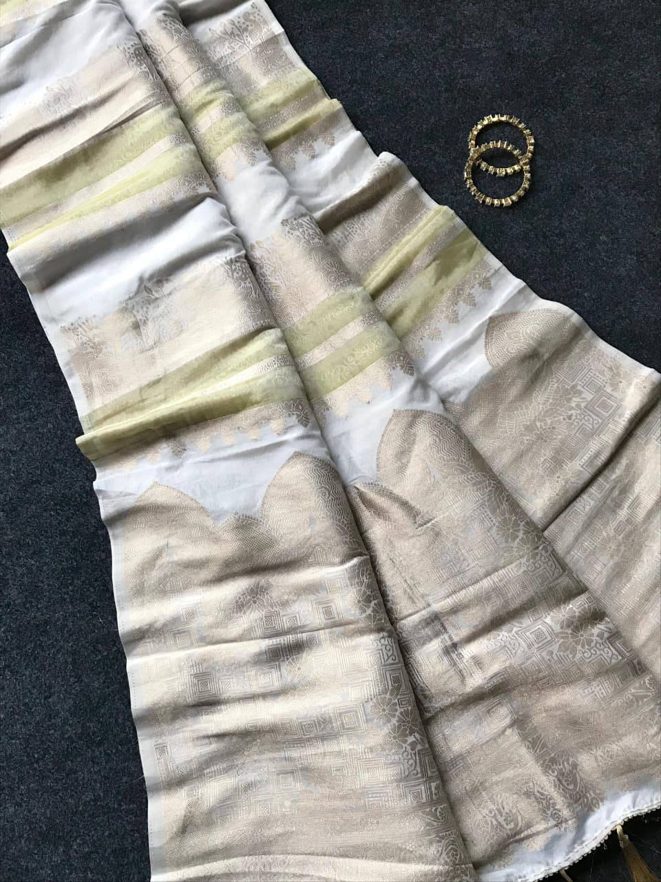 Royal Banarasi Silk Saree with Rich Zari Weaving & Traditional Designer Pallu - WHITE