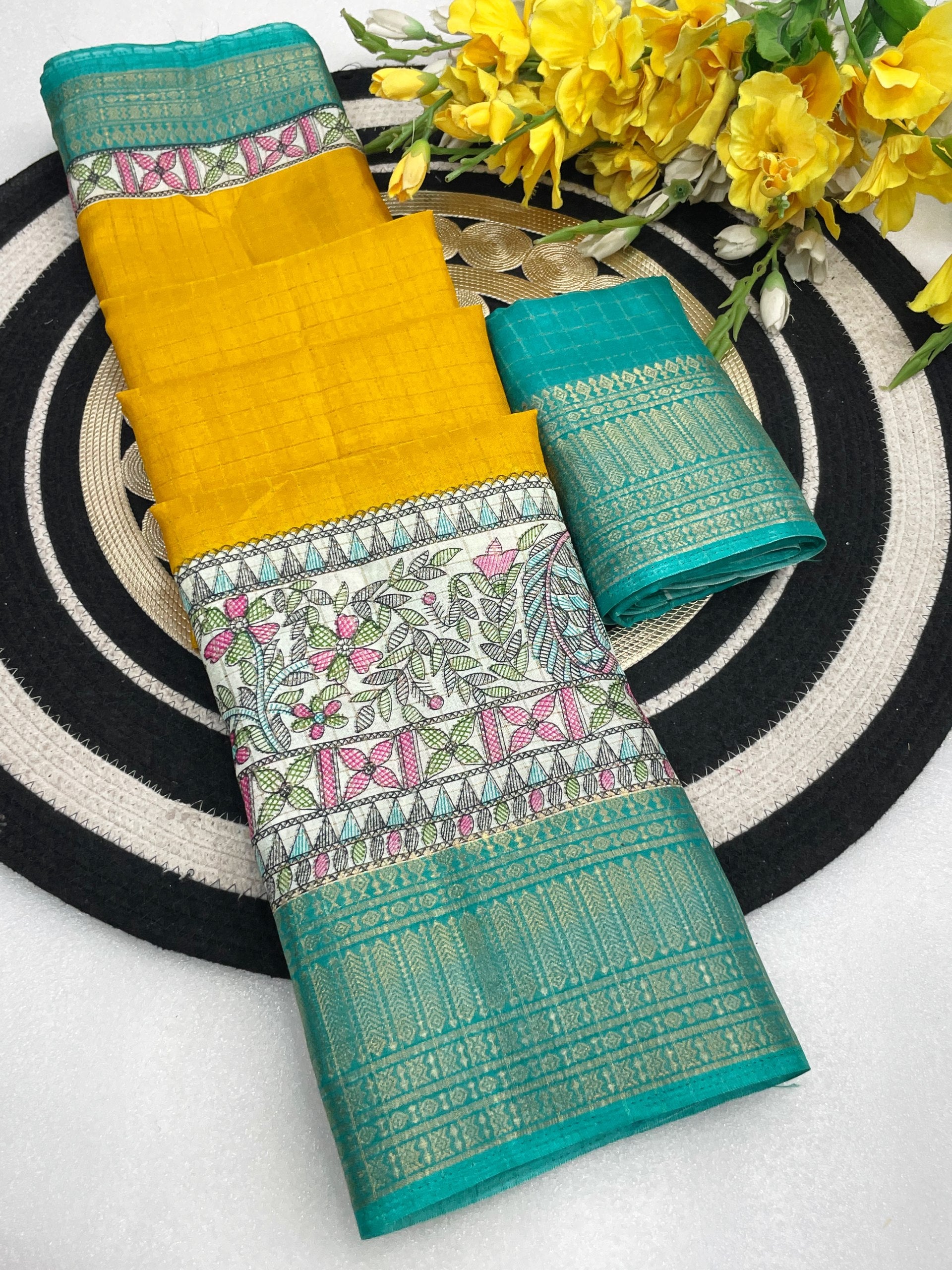 Royal Two-Tone Dolla Checks Saree With Jacquard Border & Contrast Designer Blouse - YELLOW