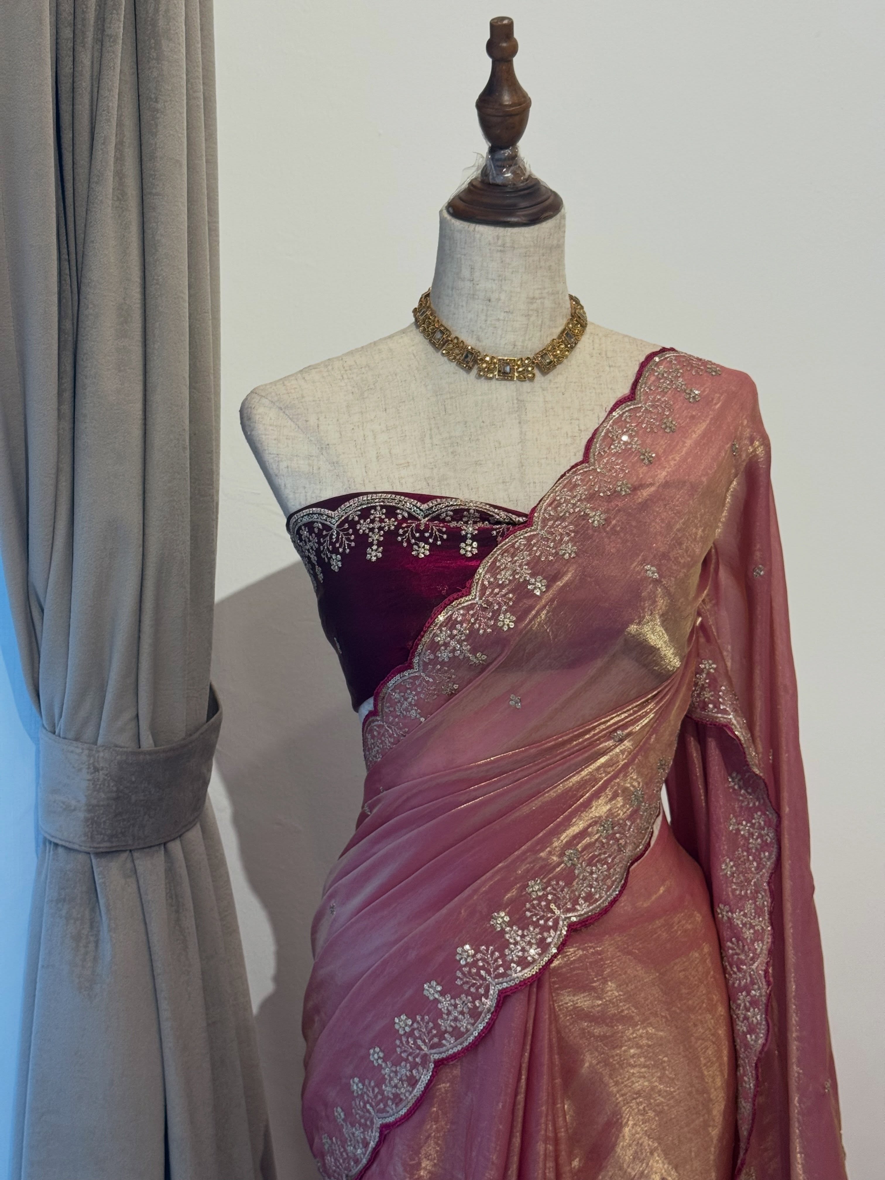 Elegant Organza Saree with Silver Sequin Embroidery & Scalloped Border- SALMON PINK