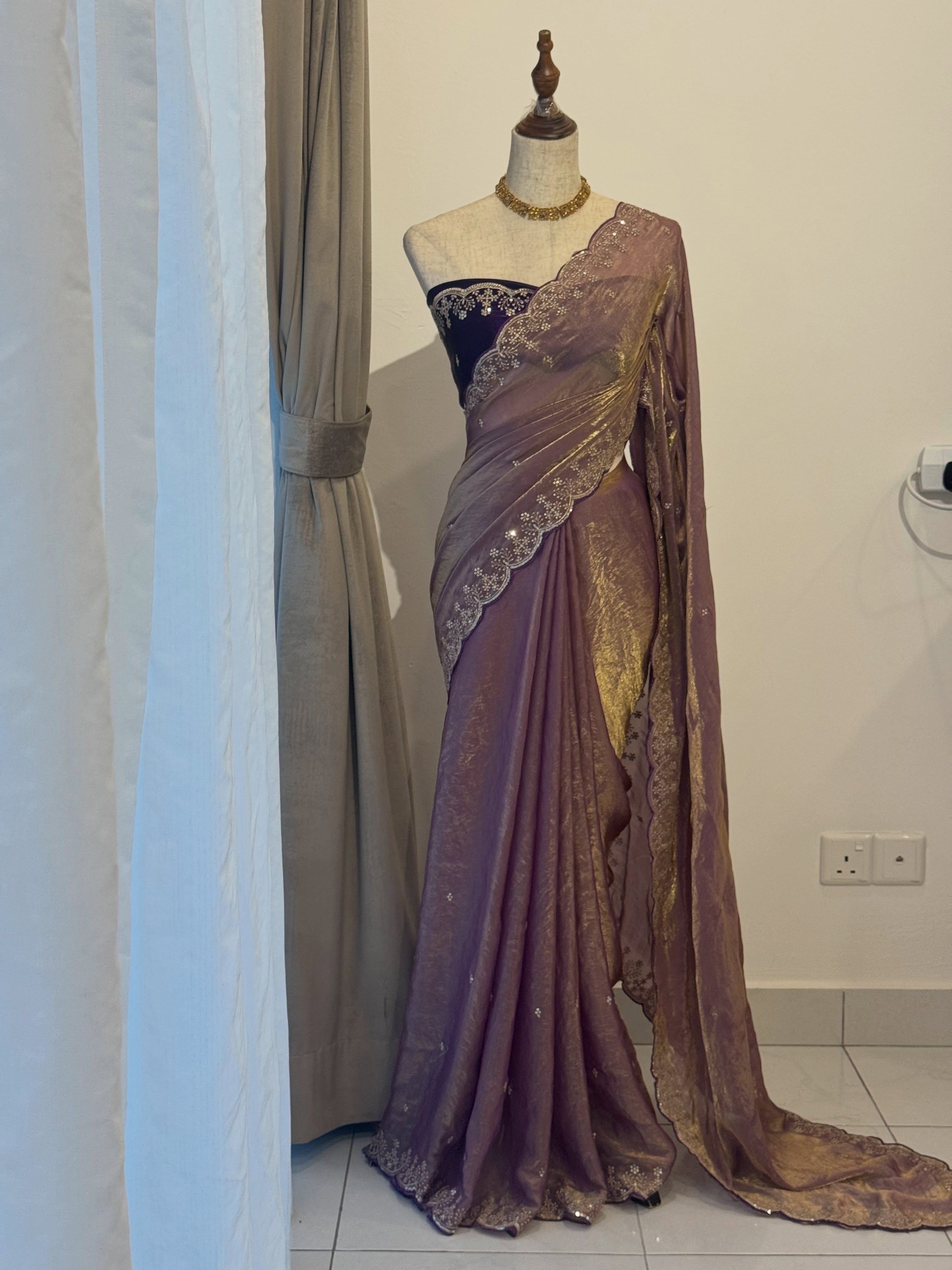 Elegant Organza Saree with Silver Sequin Embroidery & Scalloped Border- PURPLE