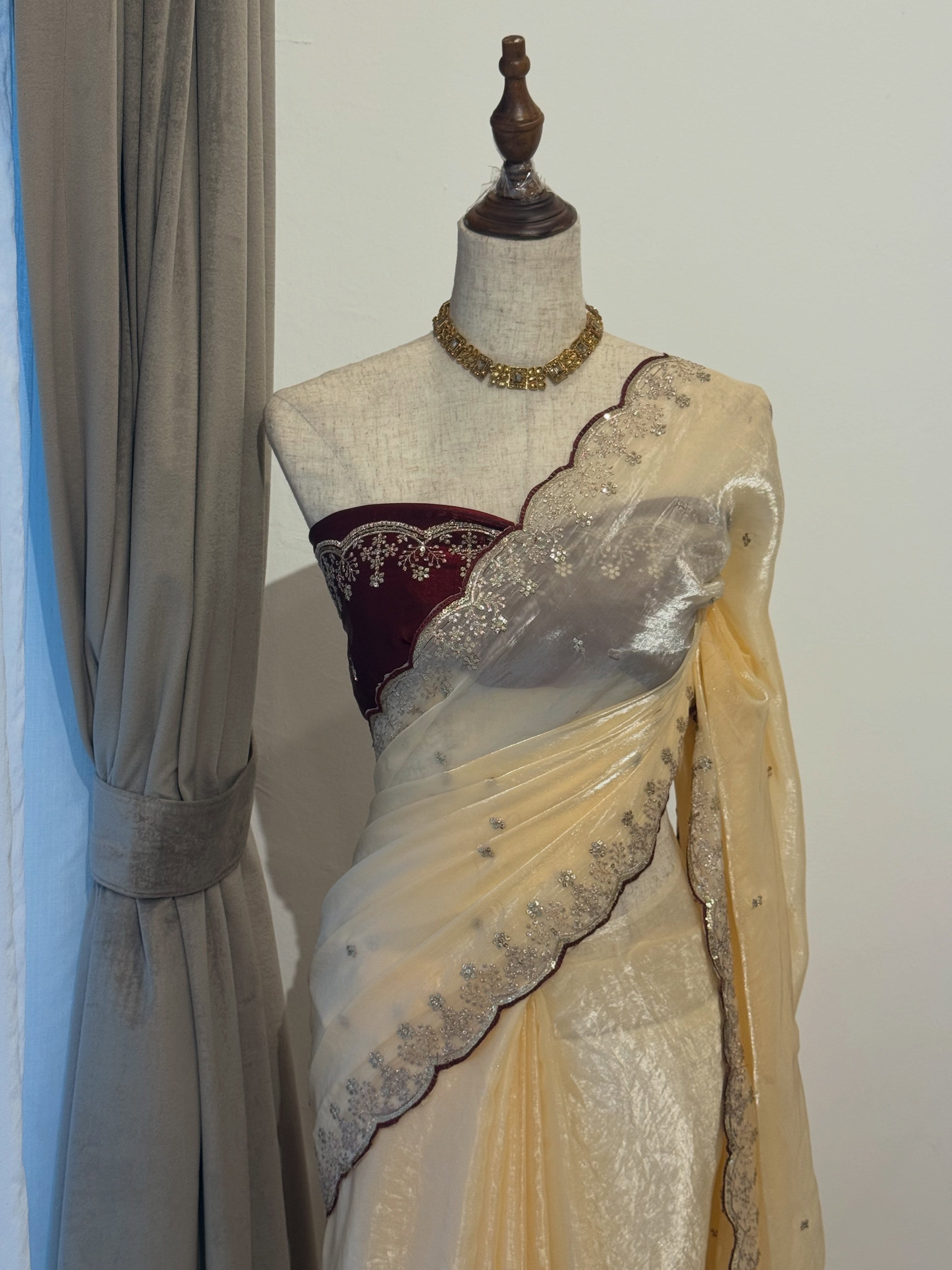 Elegant Organza Saree with Silver Sequin Embroidery & Scalloped Border-GOLD