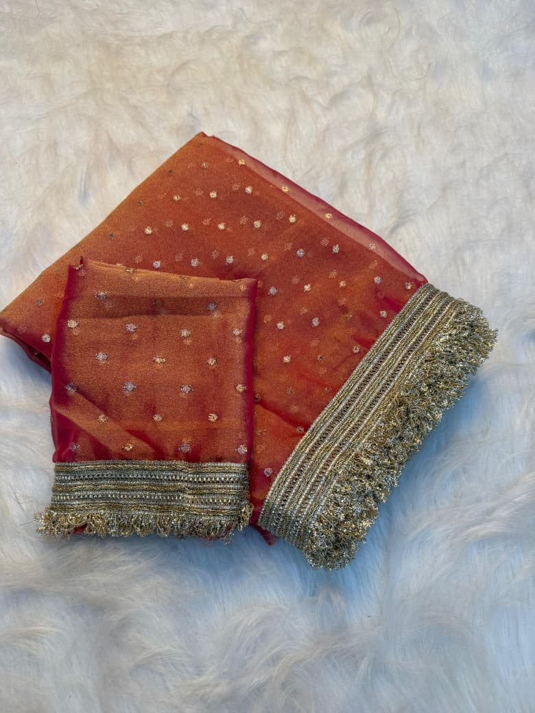 Royal Orange NC Moss Satin Saree with Maharani Big Border