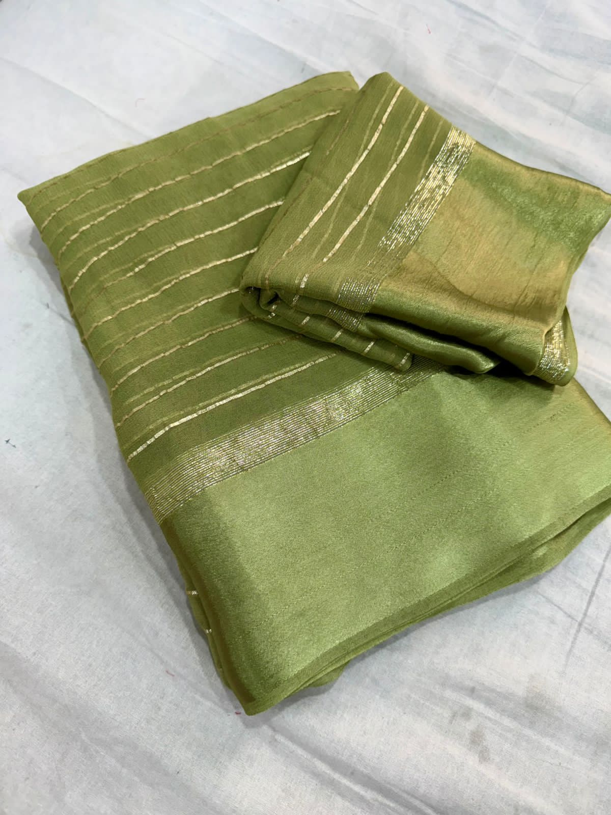 Elegant Pista Viscose Georgette Saree with Satin Patti Border & Running Blouse