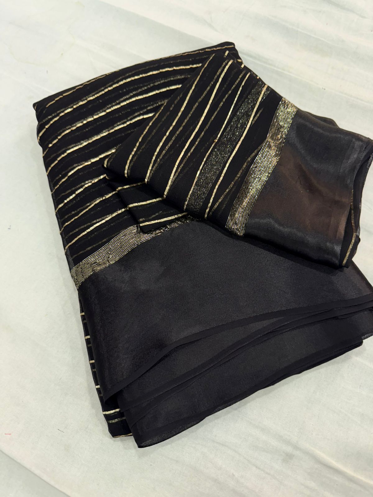 Elegant Black Viscose Georgette Saree with Satin Patti Border & Running Blouse
