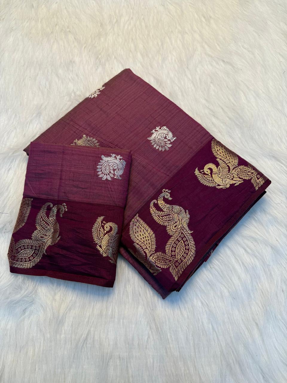 Royal Brown Soft Tussar Silk Saree with Chit Pallu & Running Blouse
