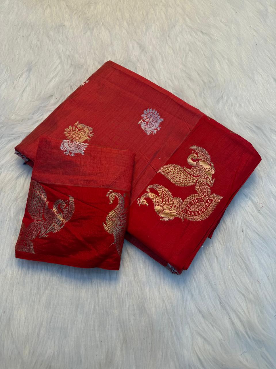 Royal Red Soft Tussar Silk Saree with Chit Pallu & Running Blouse