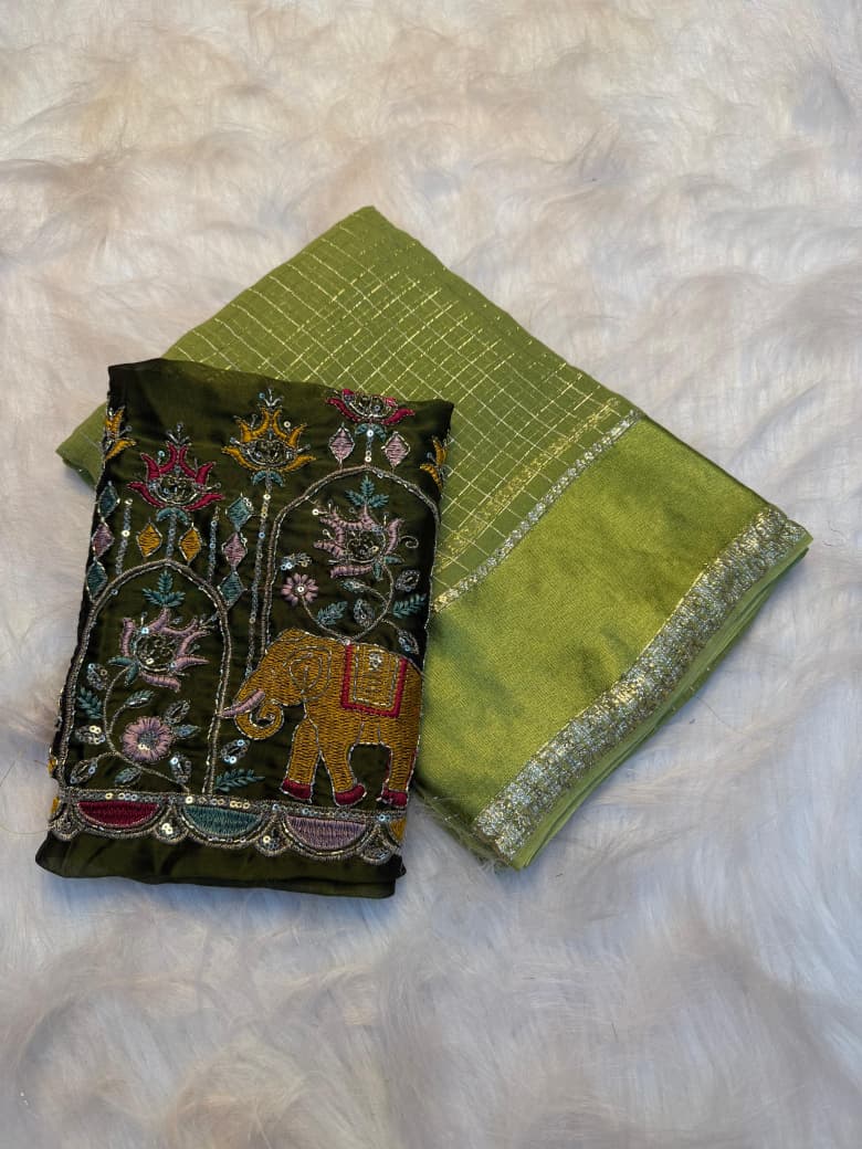 Elegant Viscose Georgette Saree with Multi Bits Sequence Work Blouse - PARROT
