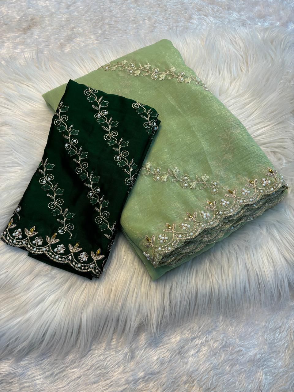 Soft Crunchy Embroidery Saree with Stone Work & Cutwork Finish - PISTA