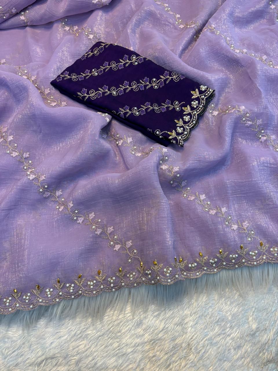 Soft Crunchy Embroidery Saree with Stone Work & Cutwork Finish- PURPLE