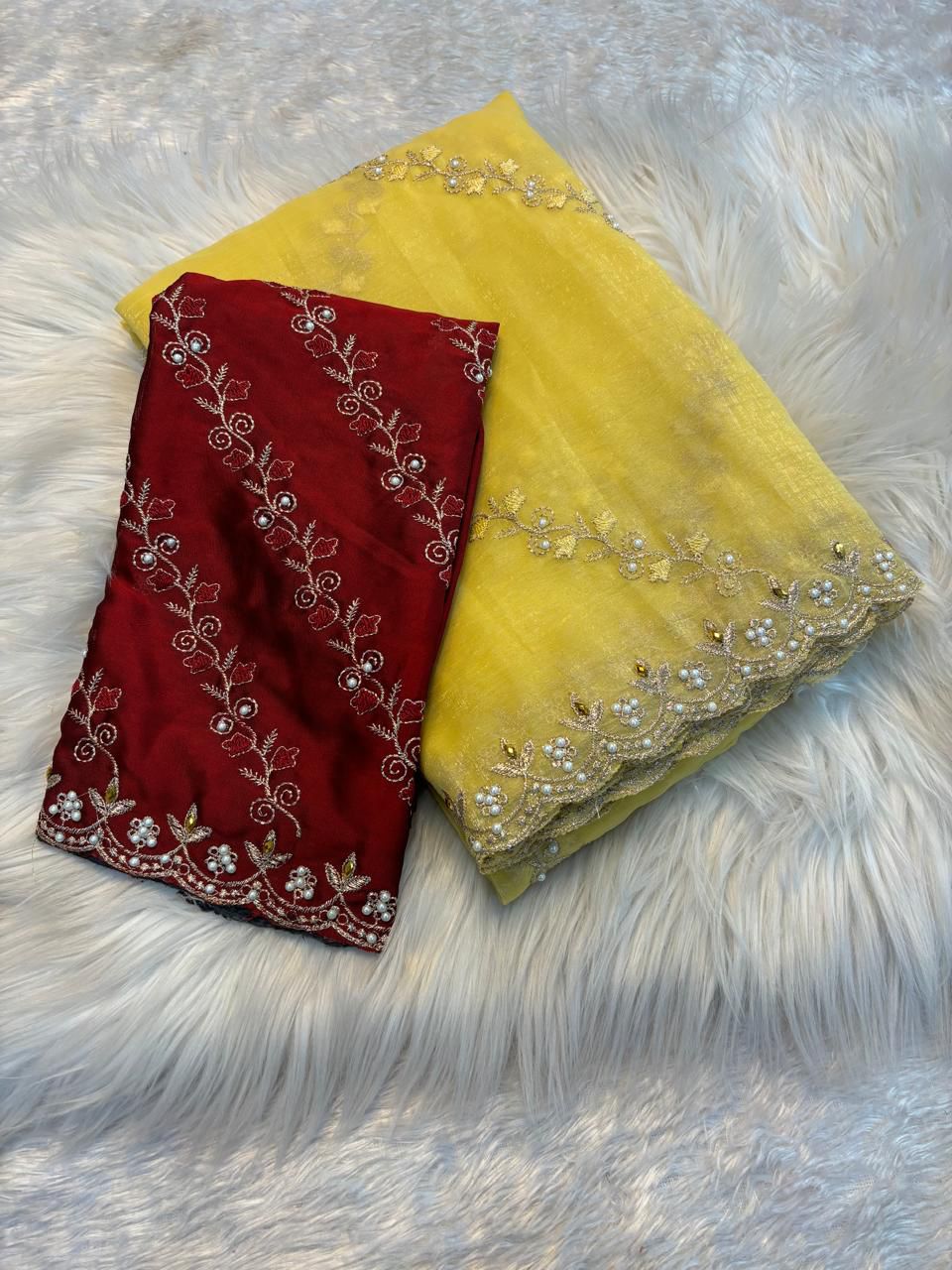Soft Crunchy Embroidery Saree with Stone Work & Cutwork Finish - YELLOW