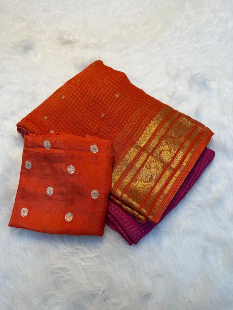 Elegant Viscose Georgette Saree with 2D Concept & Premium Dola Silk Blouse-  ORANGE & PINK