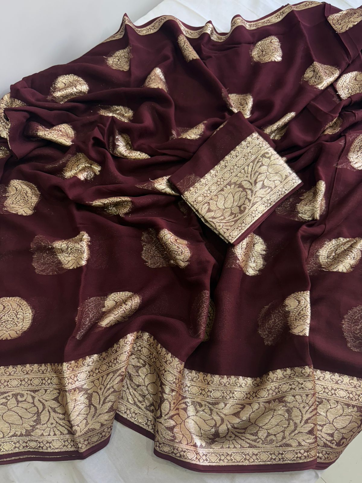 Elegant Viscose Georgette Brown Saree With Running Blouse