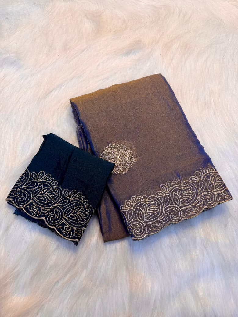 Pure Soft Moss Chiffon Saree with Elegant Multi Embroidery Work - blue & gold