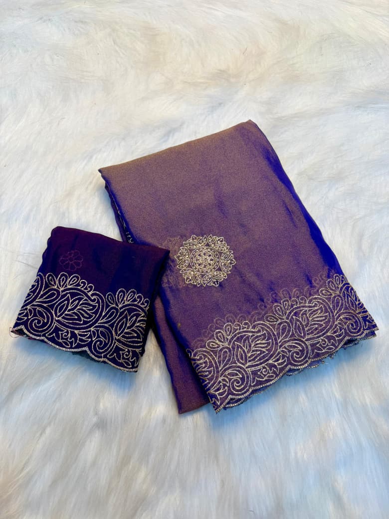 Pure Soft Moss Chiffon Saree with Elegant Multi Embroidery Work - purple