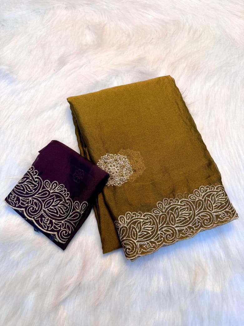 Pure Soft Moss Chiffon Saree with Elegant Multi Embroidery Work - brown