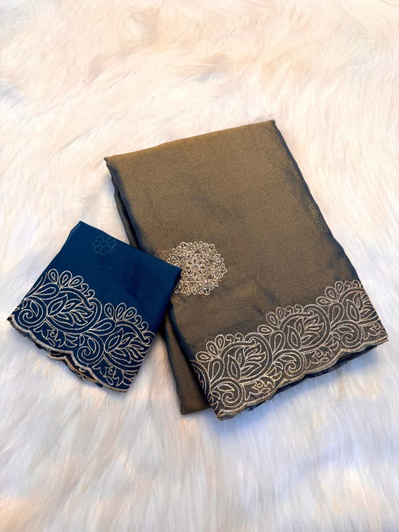 Pure Soft Moss Chiffon Saree with Elegant Multi Embroidery Work - rama & gold