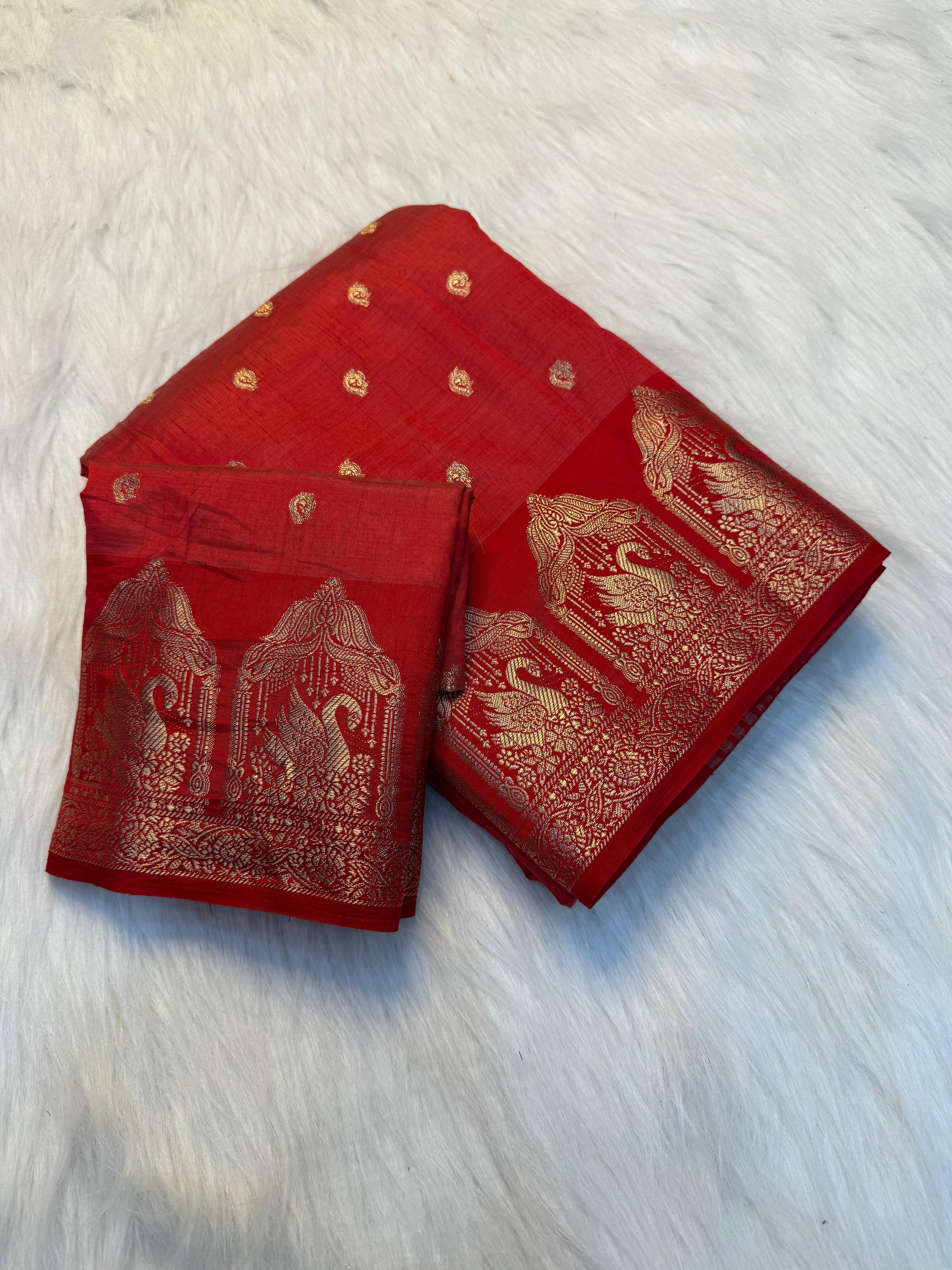 Soft Tusser Silk Saree With Elegant Chit Pallu & Running Blouse - ORANGE