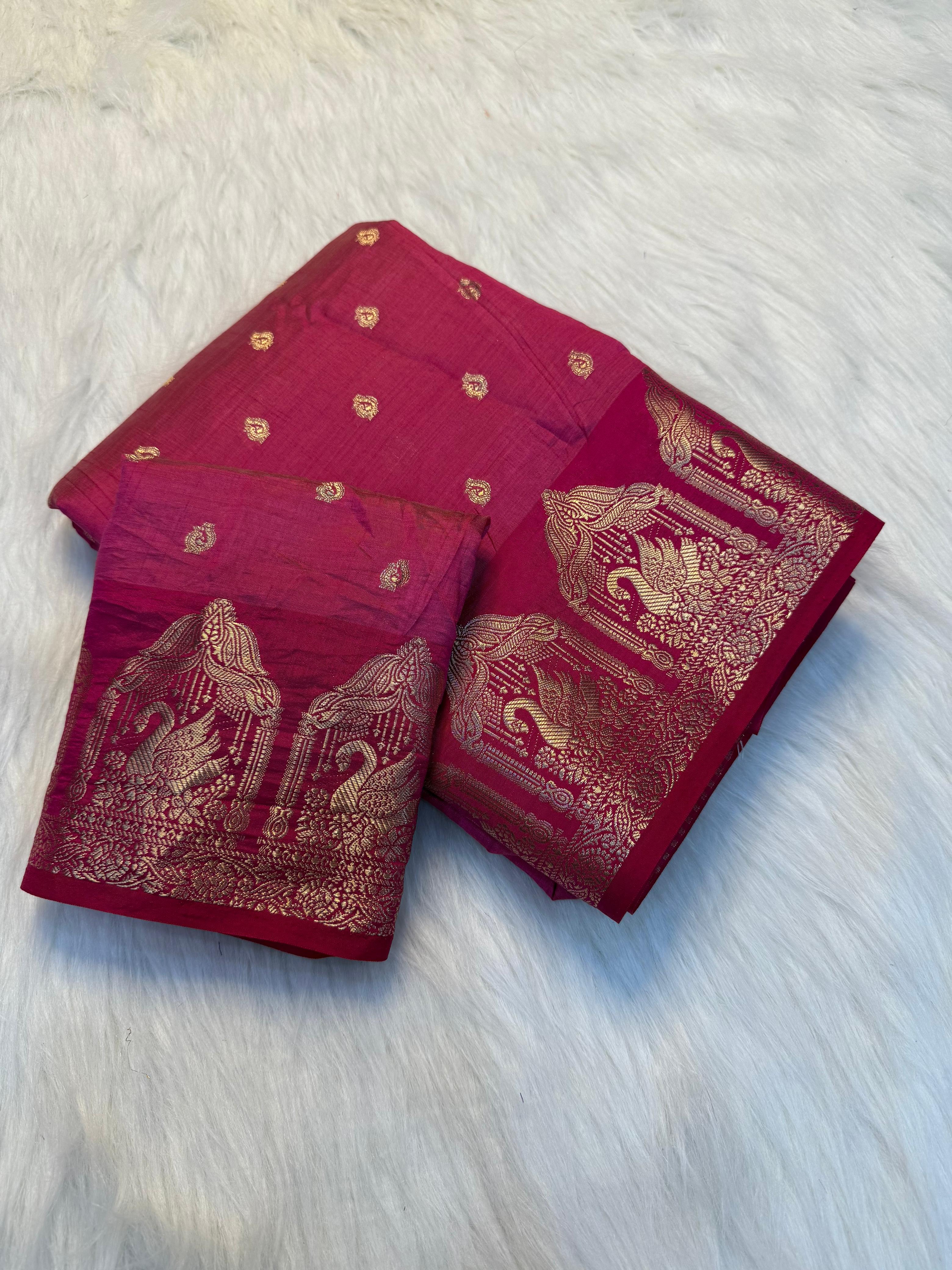Soft Tusser Silk Saree With Elegant Chit Pallu & Running Blouse - PINK