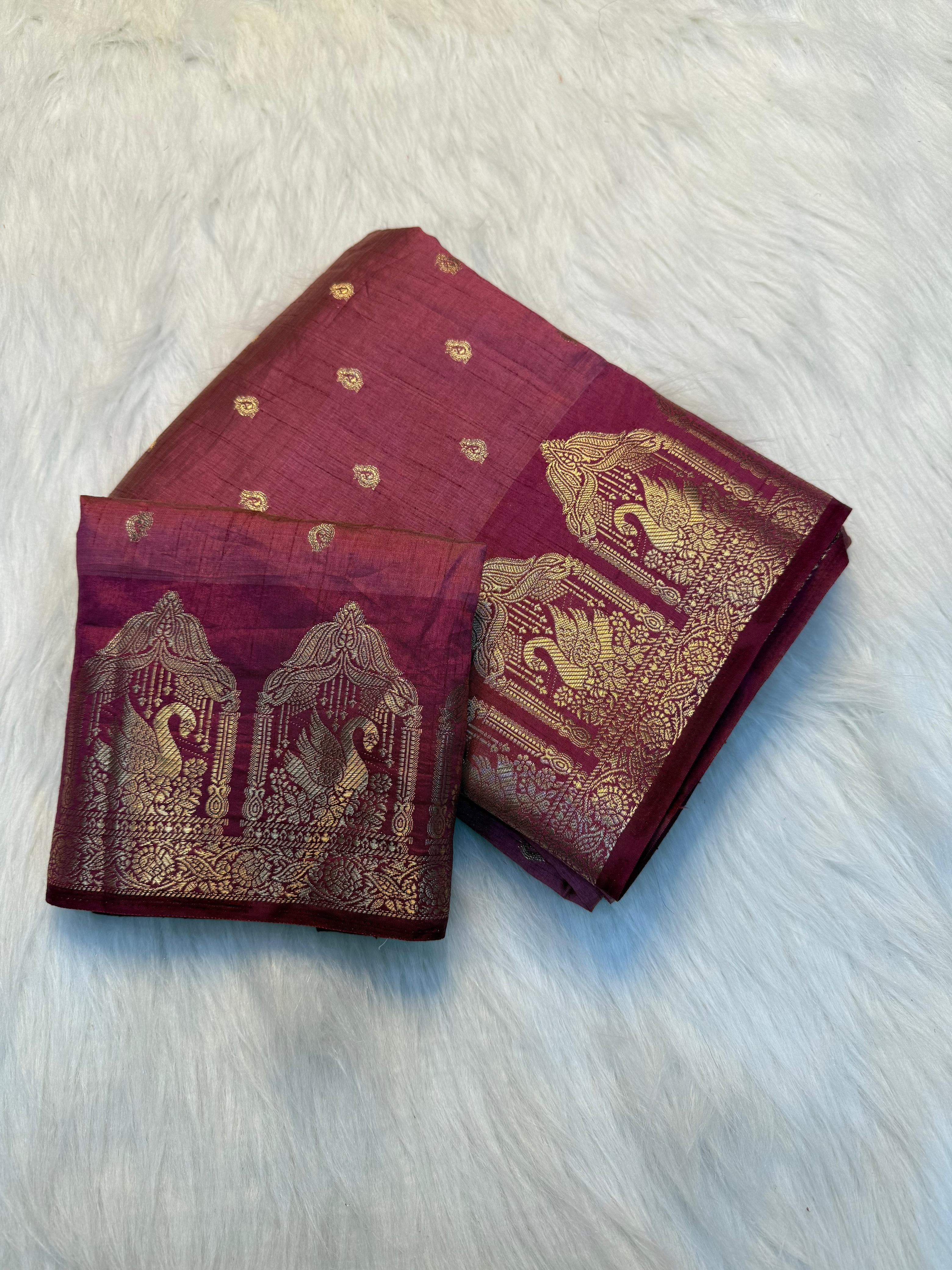 Soft Tusser Silk Saree With Elegant Chit Pallu & Running Blouse - ONION PINK