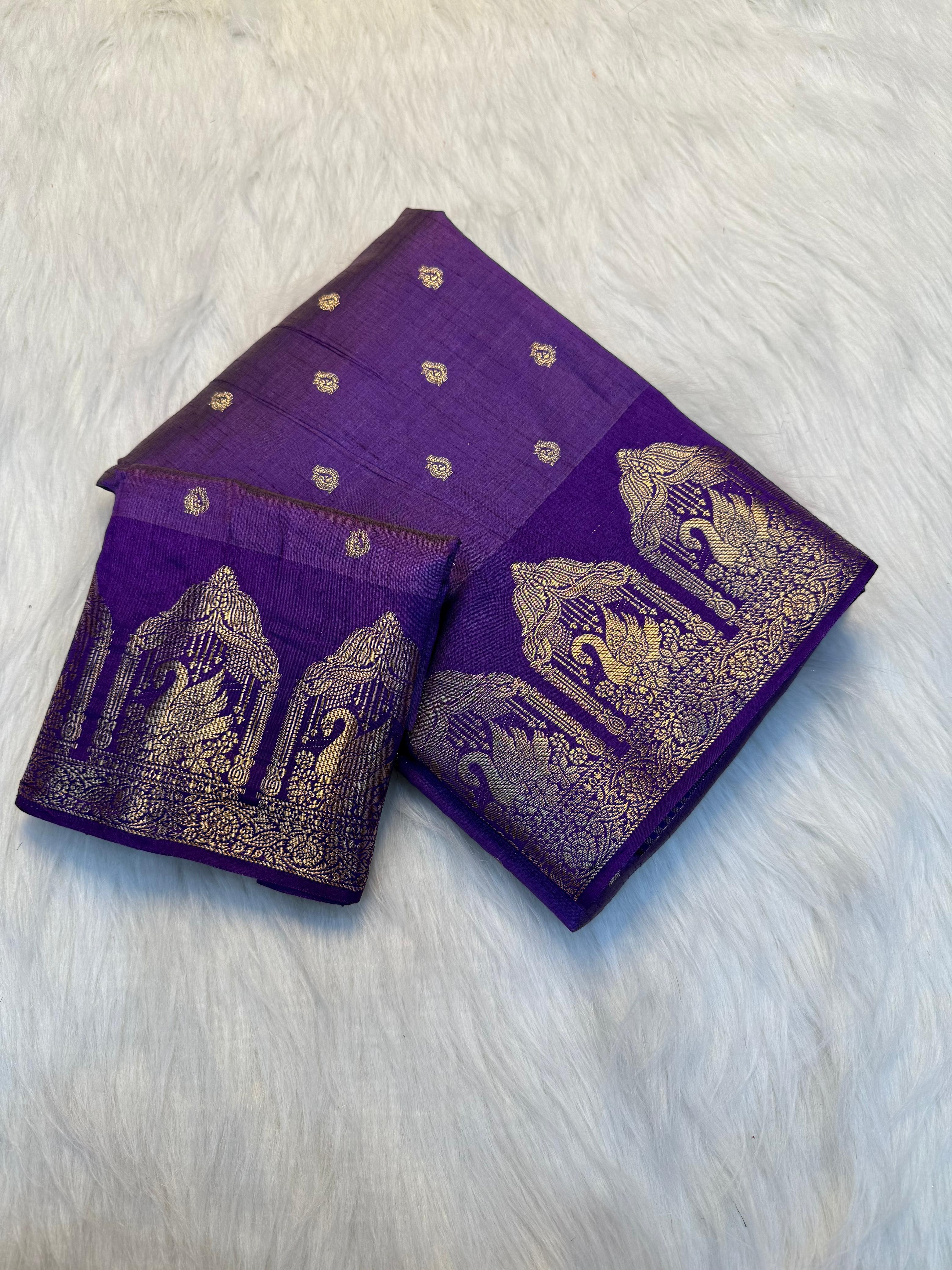 Soft Tusser Silk Saree With Elegant Chit Pallu & Running Blouse - PURPLE