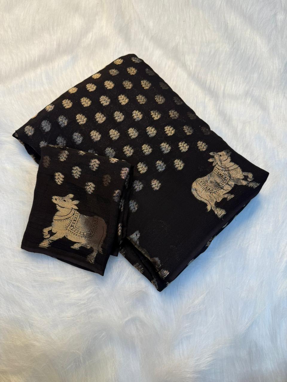 Elegant Viscose Dola Crepe Silk Saree with Chit Pallu & Zari Border - BLACK