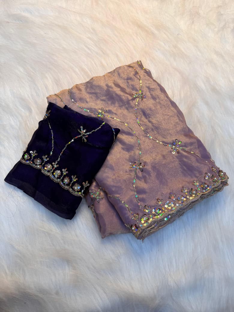 Pure Soft Star Georgette Rangoli Silk Saree with Elegant Contrast Embroidery Work Blouse - onion pink
